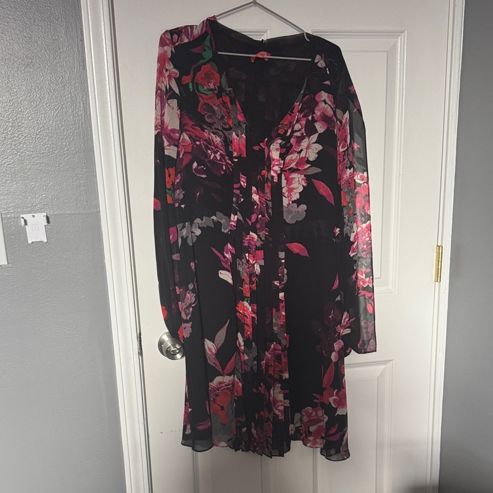 Kirna Zabete Black and Pink Floral Long Sleeve Dress